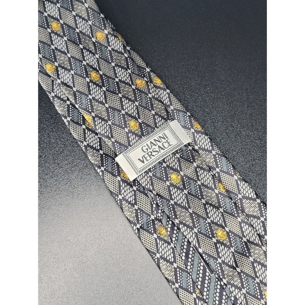Vintage 1990s Gianni Versace Silk Tie Grey Black Yellow Medusa Geometric